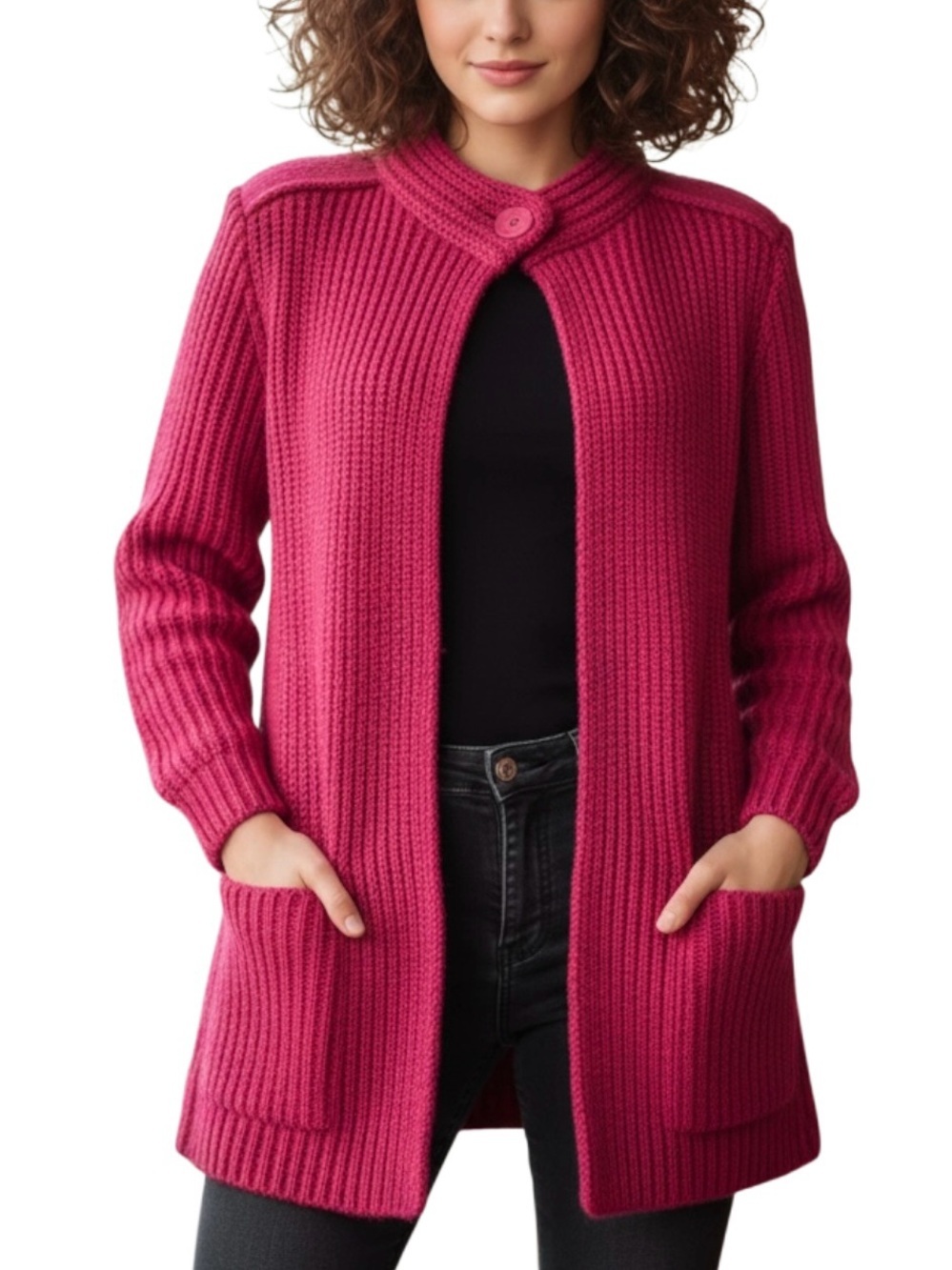 VTG 90s Grunge Red High Neck 1 Button Ribbed Knit Cardigan Women’s M Winter